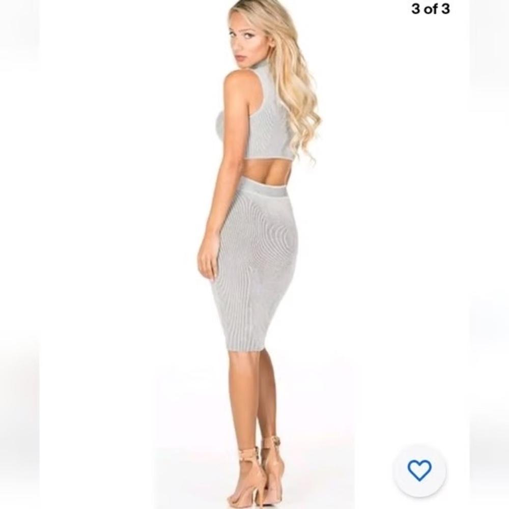 Ronny Kobo Arlette Gray Sleeveless Mock Neck Open Back Textured Knit Midi Dress